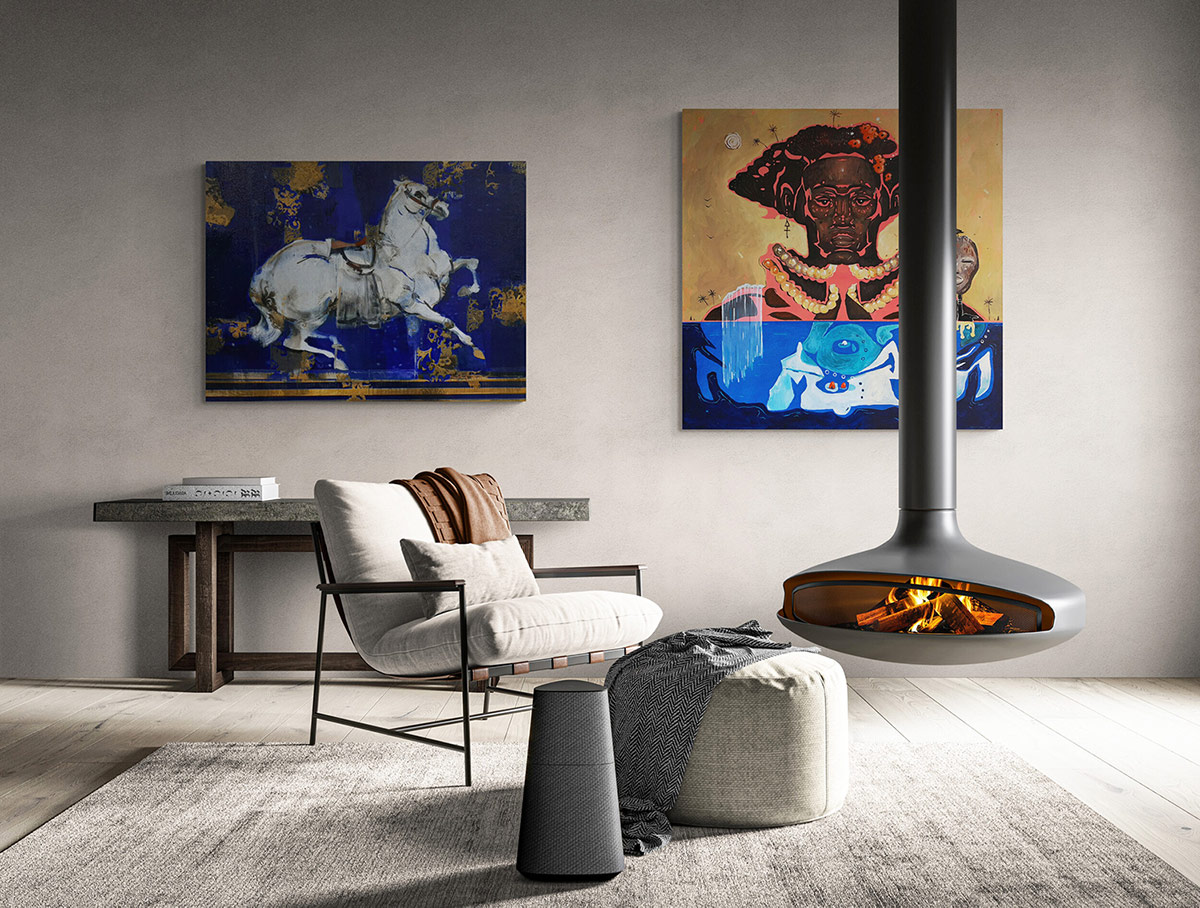 Art styled in a home, paintings by Pascale Chandler and Chris Denovan